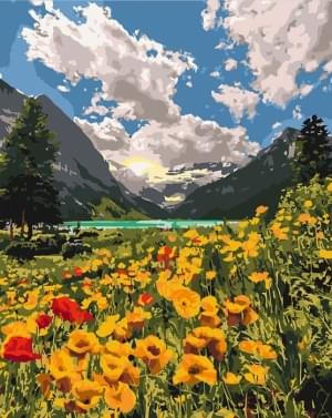 Картина за номерами - Гірський пейзаж Квіти Ідейка (КНО2268)