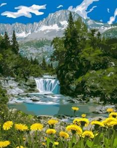 Картина за номерами - Гірський пейзаж Водоспад і кульбаби Ідейка (КНО2283)