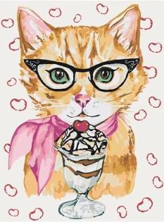 Картина за номерами - Кішка в окулярах і вишневе морозиво Ідейка (КНО4060)