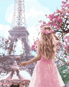 Картина за номерами - Париж Ейфелева вежа і Дівчина в рожевій сукні Ідейка (КНО4568)