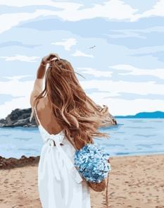 Картина за номерами - Дівчина в білій сукні на пляжі Ідейка (КНО4728)