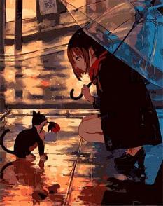 Картина за номерами - Аніме Дівчинка з парасолькою і кошеня ArtCraft (10215-AC)