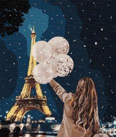Картина за номерами - Нічний Париж Ейфелева вежа Дівчина з кульками Ідейка (КНО4763)